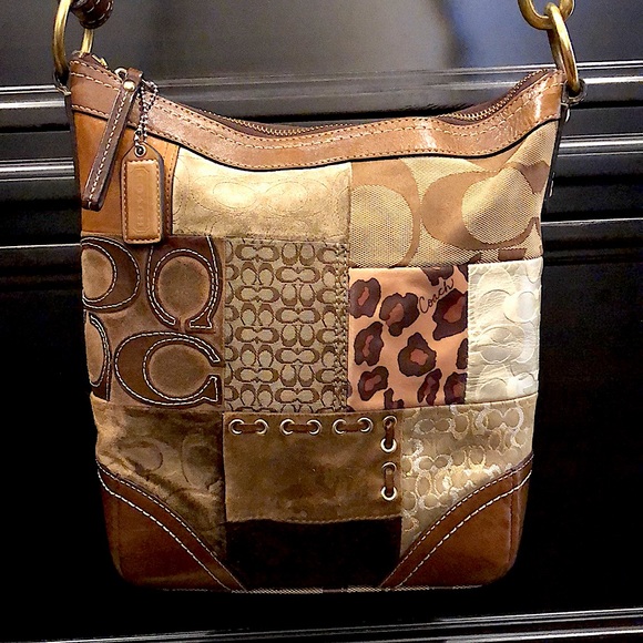 COACH Patchwork Top Zipper Crossbody Tote Shoulder Bag Brown Lining - Picture 16 of 17